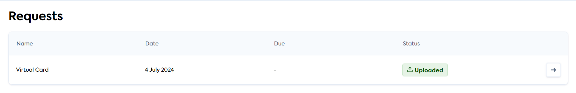 Information request view that displays the status of the request sent to the customer.