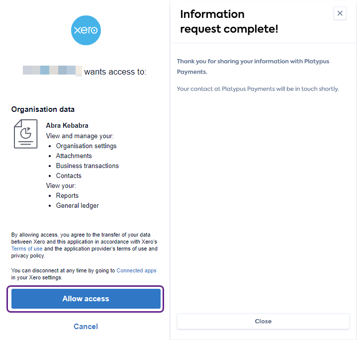 A combination of two screenshots. The first one shows the explicit consent screen as required by Xero, corresponding to step 6. The second one shows the completion of the journey, corresponding to step 7.